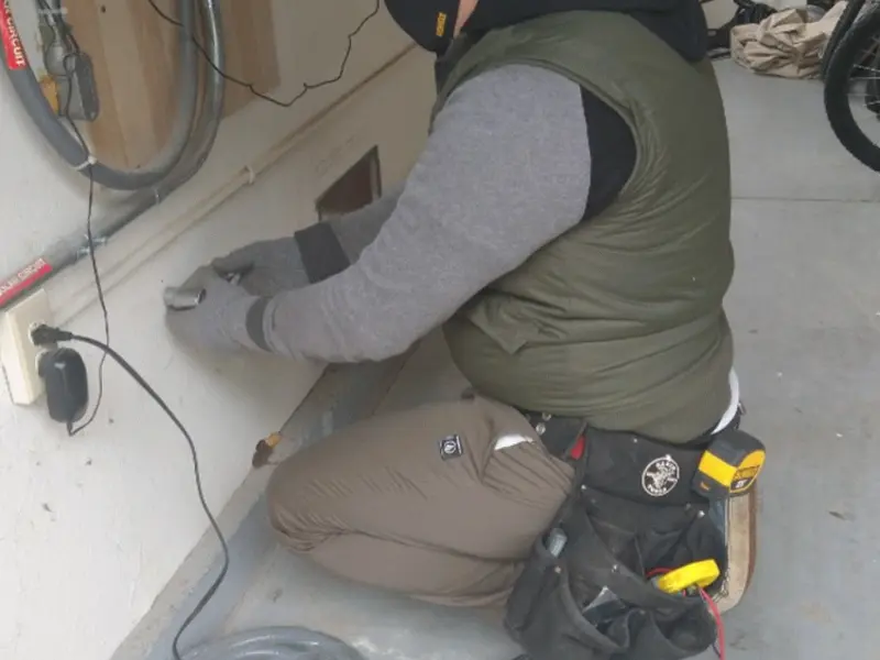 Electrician performing outlet wiring in a Elgin garage